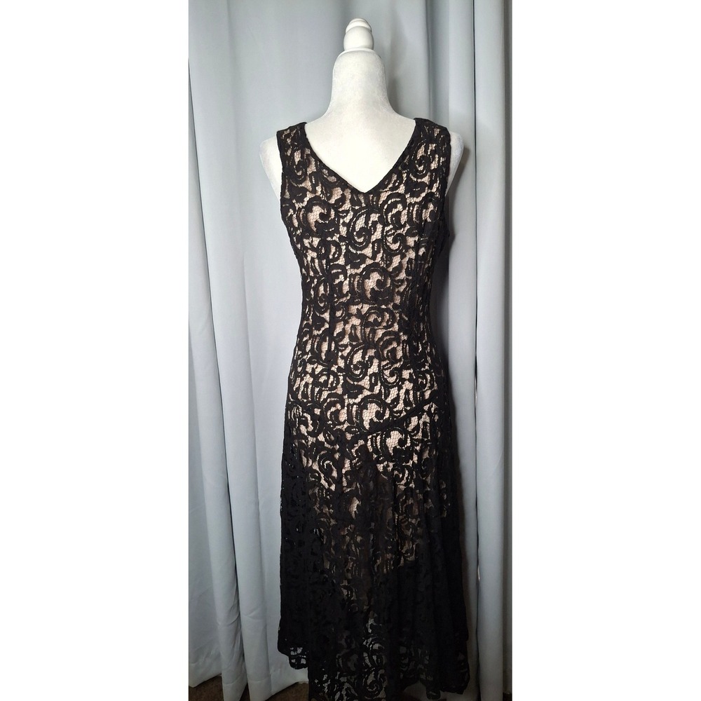 K Studio Collection Black Lace Surplice V-Neck Midi Dress Nude Lining Size 12 - Picture 10 of 16